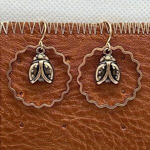 Ladybug Antique Gold Tone Drop Dangle Hook Earrings